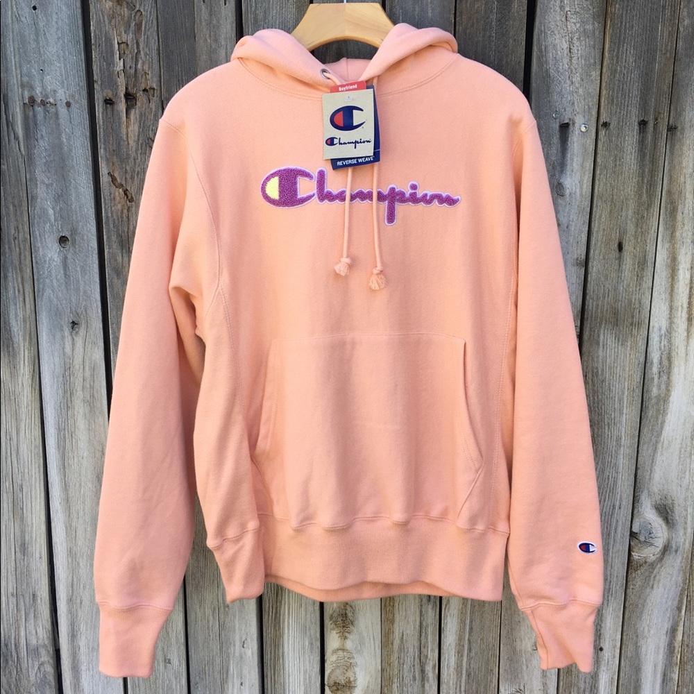 NWT Champion Logo Reverse Weave Fleece Boyfriend Hoodie Sweatshirt Peach S